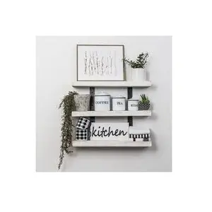 White Enamel Wall Mounted Floating Shelves Handmade Wooden Wall Ledge with Photo Cards Clips Vases for Home Decor