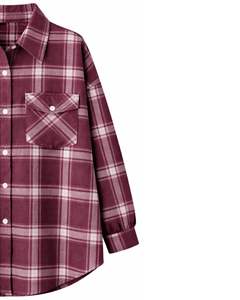 Camisa Oversize de Franela a Cuadros para Mujer, Borgoña, Manga Larga, Casual, con Bolsillos, Suave, Otoño-Invierno, Venta al por Mayor - Product Image 4