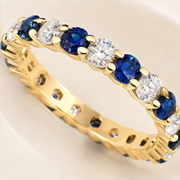 Bague d'éternité en saphir bleu et diamant de laboratoire, or jaune 10K, pierre ronde, alliance empilable, bijoux d'anniversaire