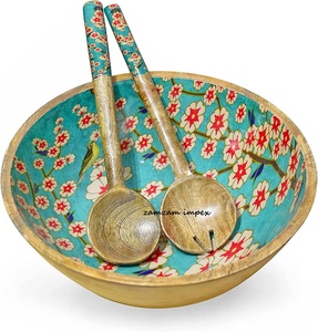 Ensemble de saladiers en bois de mangue fabriqués à la main avec design imprimé Blissful Blooms et serveurs à salade en bois assortis pour les repas et la cuisine - Product Image 3