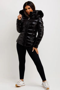 High OEM <b>Women's</b> Black Puffer Jacket <b>Fur</b> <b>Hood</b> Full Zip Quilted Winter Bubble <b>Coat</b> Solid Stand Collar Canvas Fabric - Product Image 2