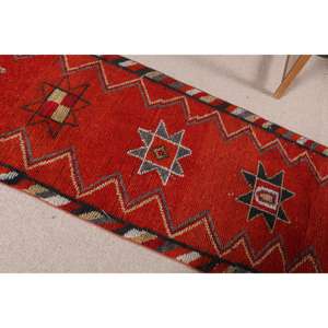 พรมวินเทจขนาด 2.7x10.4 ฟุต, พรมตุรกีแบบ Runner, พรมขนสัตว์ลายดอกไม้สีแดงเทา - Product Image 4