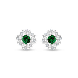 Boucles d'oreilles clous tendance en argent verdé, motif floral géométrique, plaqué rhodium, diamant, perle, classiques, religieuses, serties clos, pour fêtes et cadeaux - Product Image 1