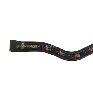 Nouvelle bande de front de cheval en cuir noir fait à la main de qualité d'exportation personnalisée avec 2 rangées de cristaux clairs bleus rouges strass Bling - Product Image 1