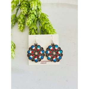 Zuni Handmade Opal (<b>Man</b>-Made) & Sterling Silver <b>Dangle</b> <b>Earrings</b> Drop Design with Floral Pattern - Product Image 1