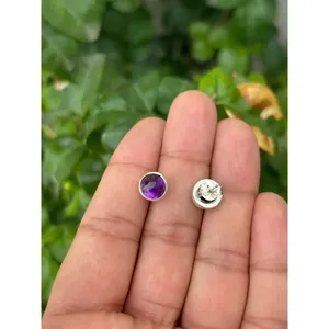 925 Gold Plated Round <b>Amethyst</b> <b>Stud</b> <b>Earrings</b> Diamond Bezel Setting Trendy Butterfly Geometric Ball Design for Engagement Party - Product Image 3