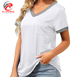 Camiseta de mujer con cuello en V personalizada al por mayor, camiseta de manga corta de verano para mujer con bolsillo, camisetas informales de moda para mujer - Product Image 3