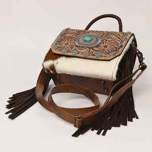 Sac bandoulière bohème western en cuir véritable de vachette avec pompons et fleurs, couleur personnalisée, collection automne Rodeo, certifié ISO9001 - Product Image 3