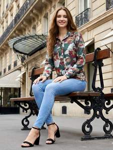 Camisa Elegante con Estampado Floral Coreano para Mujer, Tejido Modal de Ganchillo, Estilo Casual Vintage con Decoración de Botones, Uso Diario - Product Image 6