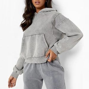 Sudadera con Capucha para Mujer, Estilo Casual, Lavado Ácido, Colores Sólidos, Manga Larga, Corte Holgado, Tejido de Punto para Invierno - Product Image 6