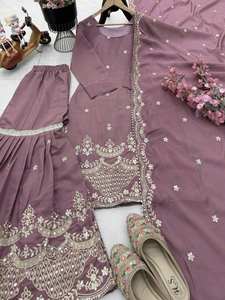 Último diseñador pesado bordado hilo trabajo Faux Georgette Dupatta indio pakistaní Palazzo traje hecho de seda para fiestas - Product Image 6