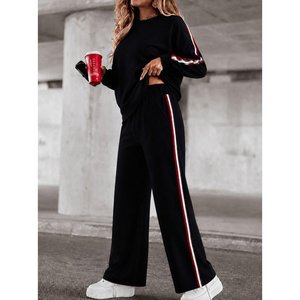 Ensemble deux pièces en viscose à col cycliste et manches longues pour femme, avec détails à rayures, blouson et pantalon, 37889 - Noir - Product Image 1