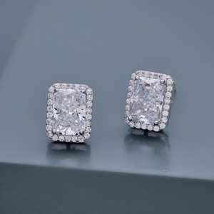 92.5 <b>Silver</b> <b>Stud</b> <b>Earrings</b> Trendy Geometric Diamond & Pearl Classic Elegant Emerald Cut for Wedding Engagement Party Gift 188467 - Product Image 2