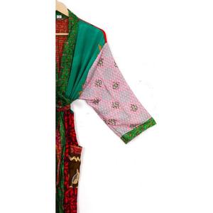 Indian Vintage Style Elegant Recycled Patchwork Sari <b>Kimono</b> Maternity Gown Women's 100% <b>Silk</b> Front V-neck Home Use Beachwear - Product Image 5