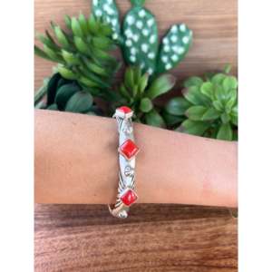 Navajo Fashion <b>Cuff</b> <b>Bracelet</b> Natural Coral & Sterling <b>Silver</b> Elegant and Durable Accessory - Product Image 2
