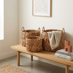 Ensemble de paniers de rangement en écorce de bananier naturelle, avec structure en fer, cylindriques tressés, à poignée arquée, pour plantes et décoration artistique de la maison - Product Image 6