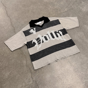 Logo personnalisé Vêtements d'entraînement de football à rayures Vêtements de football à col en V Maillot de football rétro Polo en coton pour hommes Tricot de grande taille - Product Image 2