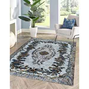 Tapis ethnique turc noir à motifs médaillon, impression 3D, avec poils doux - Product Image 3