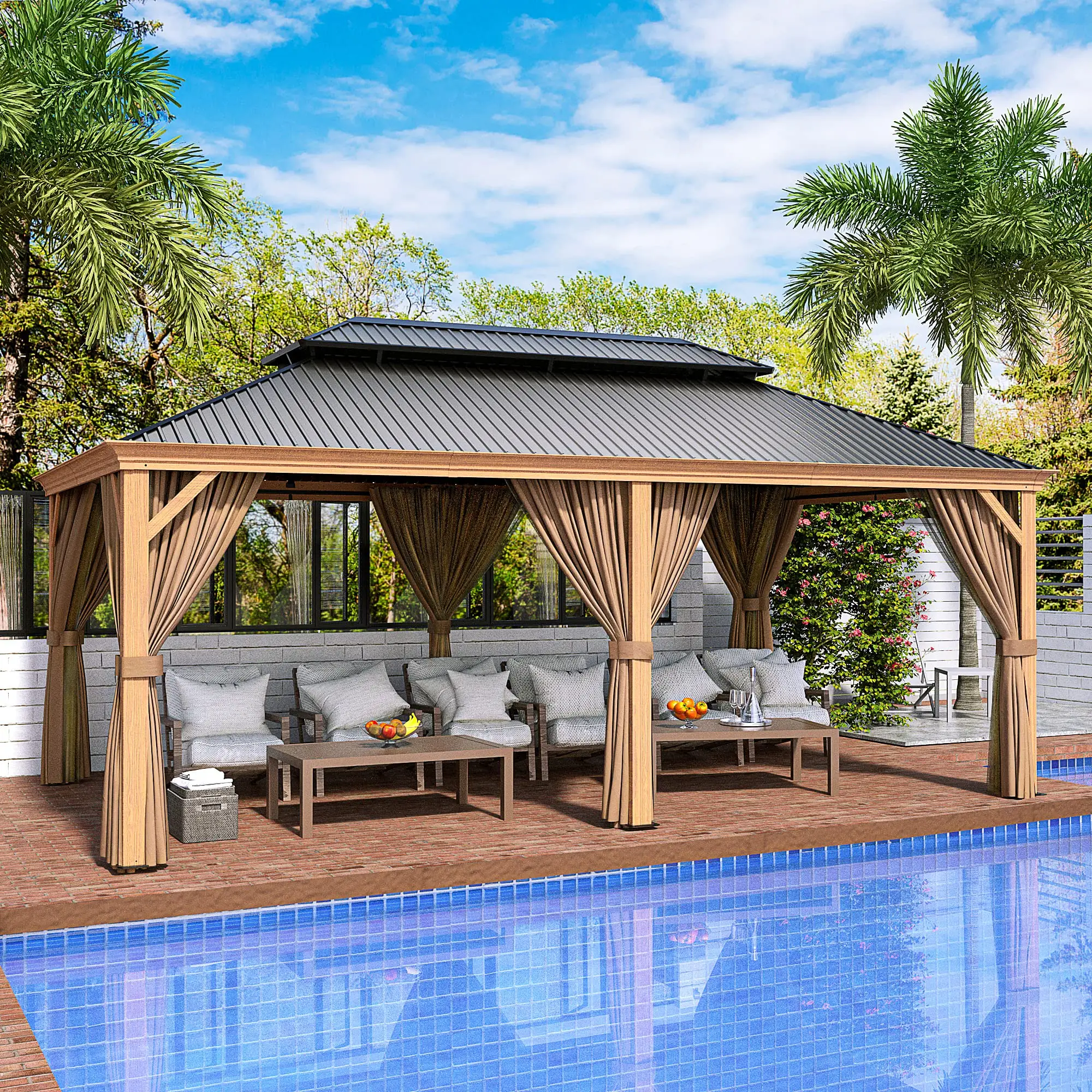 12x12 12x16 12x20 Gazebo halaman luar ruangan atasan keras dengan jaring nyamuk Gazebo teras logam atas ganda