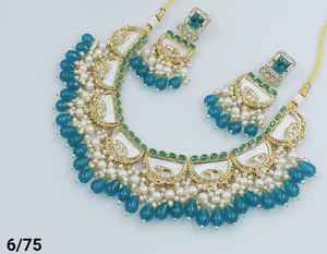 Joyería India elegante chapado en oro tradicional Motipearl & Drop Kundan tachonado gargantilla collar pendiente Mangtika conjunto de joyería - Product Image 3