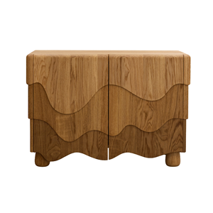 Table de chevet moderne en bois massif avec panneaux ondulés sculptés, armoire de rangement minimaliste pour chambre à coucher - Product Image 1