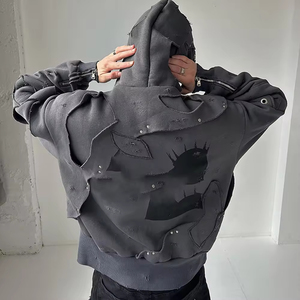 Sudadera con capucha de invierno de talla grande, gruesa, con cremallera, personalizada, con lavado ácido desgastado, oversize, 100% algodón, con pedrería, de corte regular, bordada - Product Image 2