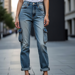 Plus Size Multi-Pocket Mid-Waist Straight Denim Pants Breathable Casual Baggy Jeans Cargo Pants Women Denim Trouser - Product Image 2