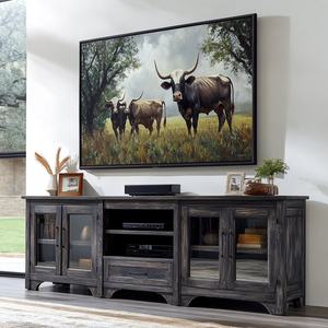 Meuble TV rustique en bois avec armoires de rangement et tiroirs, console multimédia longue pour salon - Product Image 3