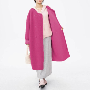 Doppio cappotto lungo da donna in bouclé in pile senza colletto stile orsacchiotto elegante pelliccia sintetica - Product Image 4