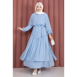 Vestido de Gasa Azul Bebé con Detalle de Volantes Asimétricos, Silueta en A Modesta con Cintura Imperio - Product Image 4