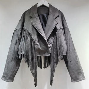 Chaqueta de borla negra de estilo francés para mujer con 2 Botones de piel de oveja imitación de cuero nuevo diseño de manga larga traje de cuello holgado - Product Image 5