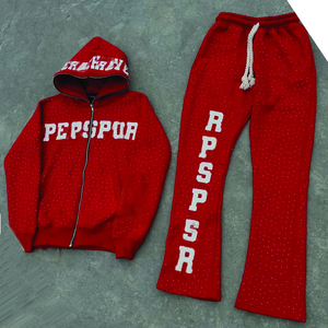 Customized 100% Cotton <b>Applique</b> Patch Distressed Embroidery Flared Sweatpants Hoodie Set Streetwear Winter Acid Wash Sun Fade - Product Image 1