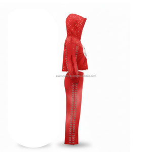 Chándal de cremallera roja de primera calidad en 380 GSM, ropa de invierno cálida de lana pesada, diseño de panel web de diamantes de imitación y chándales estampados de talla grande - Product Image 4