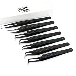 Pinzas negras con punta de fibra de gancho fino, pinzas para pestañas de mega volumen, agarre antideslizante, pinzas de extensión de aislamiento rectas curvas - Product Image 4