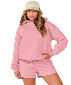 Ensemble deux pièces pour femmes, short à capuche uni au-dessus du genou, coupe décontractée, 100% coton, respirant, vêtements décontractés d'été - Product Image 1