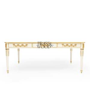 Mesa de Centro Rectangular Blanca de Lujo con Arte Floral Pintado a Mano y Detalles en Latón Dorado Antiguo para Sala de Estar Clásica - Product Image 2