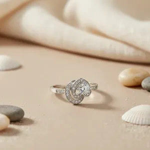 Bague de fiançailles pour femme en argent 925, pierre naturelle taille brillant ronde, motif floral, sertissage à griffes, style Art Palace classique - Product Image 1