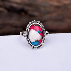 Anillo de turquesa de cobre de ostra Rosa ovalado 10x16mm anillo de piedras preciosas hecho a mano de Plata de Ley 925 para mujer declaración Boho joyería regalo - Product Image 4