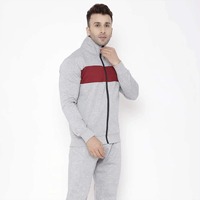 Ensemble de survêtement streetwear gris clair pour homme, veste zippée, rayure rouge, coton, tenue athlétique deux pièces, délavage acide
