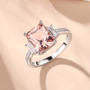 Jeulia <b>Emerald</b> Cut Synthetic Morganite Sterling <b>Silver</b> Wedding Gemstone <b>Ring</b> - Product Image 4
