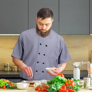 เสื้อเชฟแขนสั้นสีเทายูนิเซ็กซ์ผ้าฝ้ายระบายอากาศได้ชุดทำงานแฟชั่น - Product Image 4