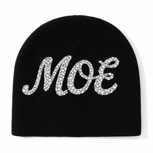 Chapeau beanie streetwear Y2K avec logo personnalisé, tricot jacquard noir avec design graphique blanc, chapeau en acrylique tricoté chaud pour l'hiver - Product Image 3