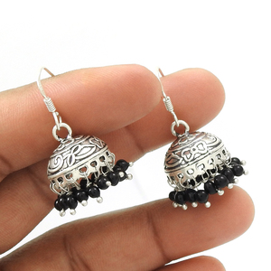 Natural Black Onyx Gemstone 925 Sterling Silver Artisan Look Engraved <b>Jhumka</b> <b>Earrings</b> for Woman Girls Handmade Jewelry Suppliers - Product Image 4