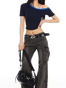 เสื้อครอปโชว์ไหล่ Babe สุดเซ็กซี่สำหรับผู้หญิงเสื้อยืดออกกำลังกายกลางแจ้งเสื้อฟุตบอลแบบถัก - Product Image 5