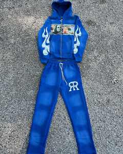 Tenue de sport personnalisée Survêtement en polaire Sweat à capuche zippé délavé à l'acide Ensemble de pantalons de survêtement évasés Combinaisons de survêtement pour jogging - Product Image 5