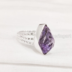 Anillo de Plata de Ley 925 con Amatista Natural en Bruto para Mujer, Gema de Febrero, Banda Punteada, Joyería de Piedra Natural, Regalo de Navidad - Product Image 3