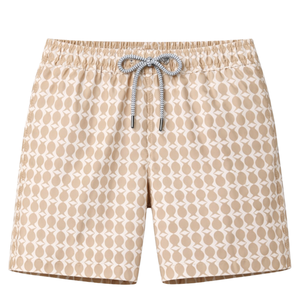 Shorts de bain recyclés pour hommes, motif géométrique beige, séchage rapide, avec taille élastique et poches à cordon - Product Image 1