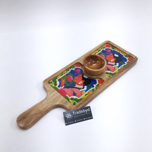 Plato largo de madera de mango hecho a mano con diseño de esmalte y mango incluye tazón de salsa-Platos y platos de Tradebyd - Product Image 4