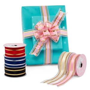 Solid Color Metallic Edged Satin Center Grosgrain <b>Ribbon</b> Glitter Printed for Birthday Gifts - Product Image 1