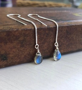 Threader Labradorite <b>Earrings</b> Pull Through <b>Chain</b> Minimalist Summer Ready Dangle Present For Her 925 Sterling <b>Silver</b> Drift - Product Image 2